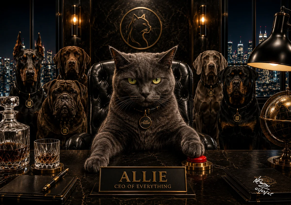 Bespoke AI dog portrait in an executive concept